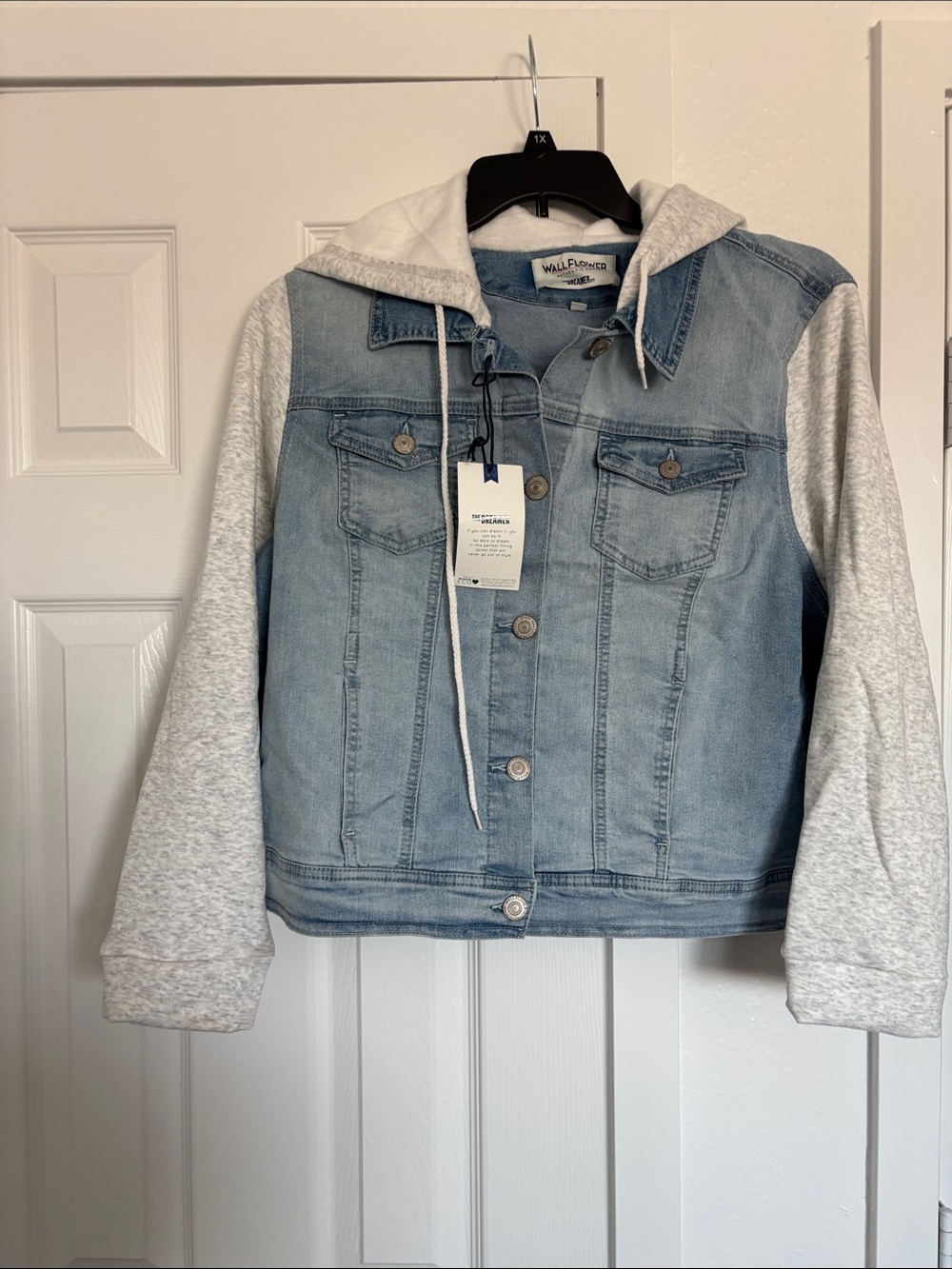 Willow & Clay Light Blue Denim Jacket with Gray Hoodie Sleeves